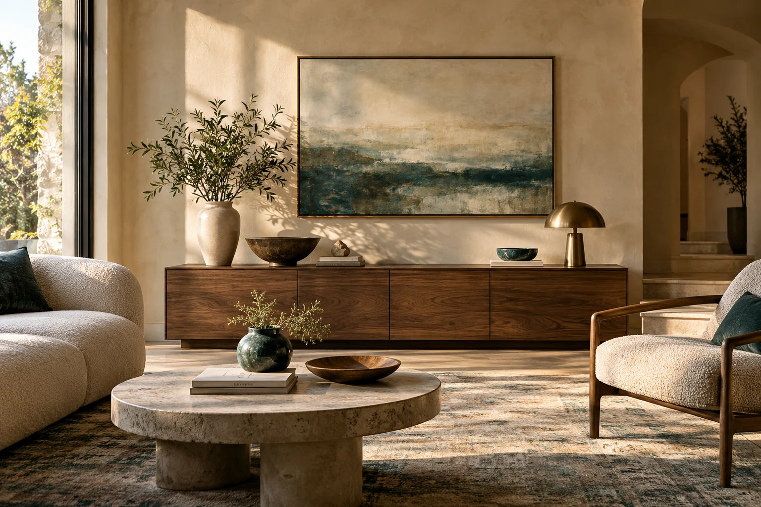 AI-created editorial illustration: A carefully composed living room with a low walnut cabinet, quiet artwork and warm plaster walls.